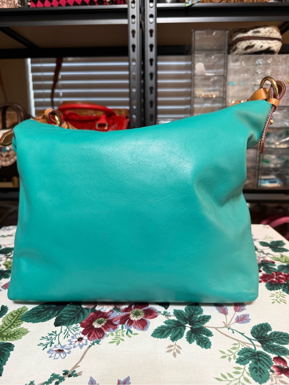 Dooney & Bourke McKenzie Teal Leather Hobo Shoulder Bag with Tan Trim - Picture 3 of 14